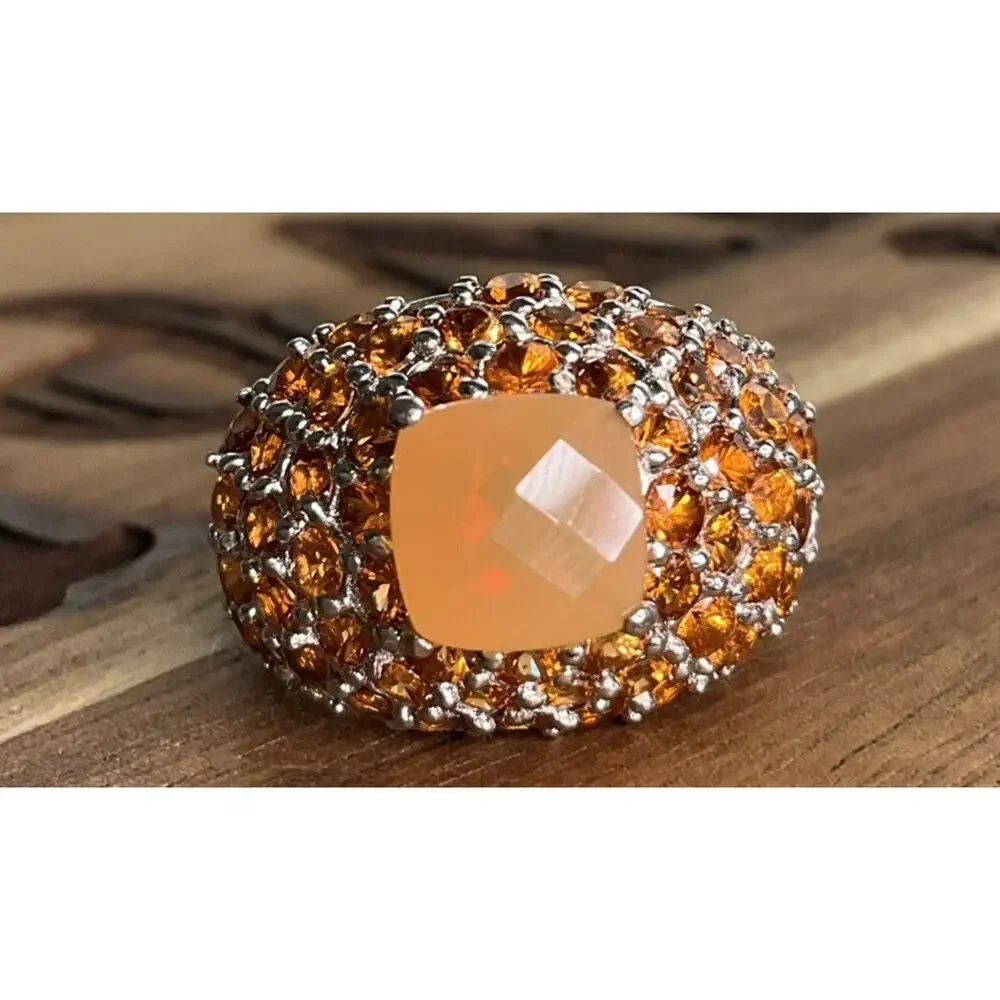 Vintage Sterling Silver Peach Chalcedony Orange Gemstone Cocktail Ring Size 7